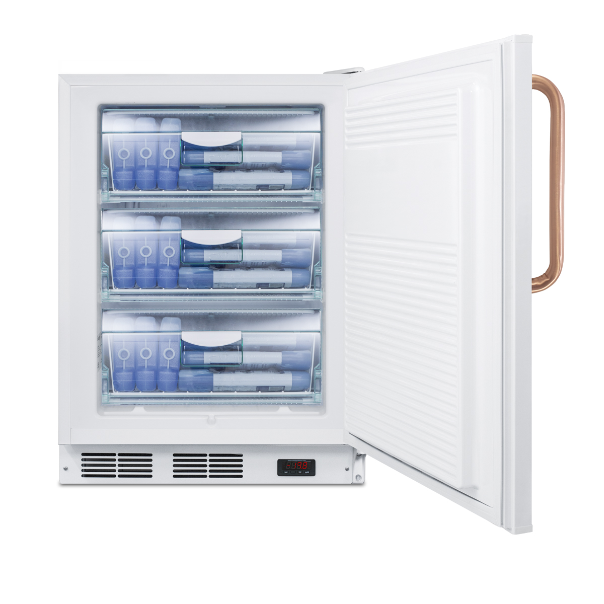ADA compliant built-in undercounter medical all-freezer capable of -25 C operation, white with pure copper handle and front lock
